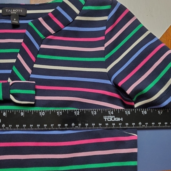 Talbots dress Womens P XS Stripes Colorful Blue Bow Neck Stretchy Shift - Picture 6 of 13